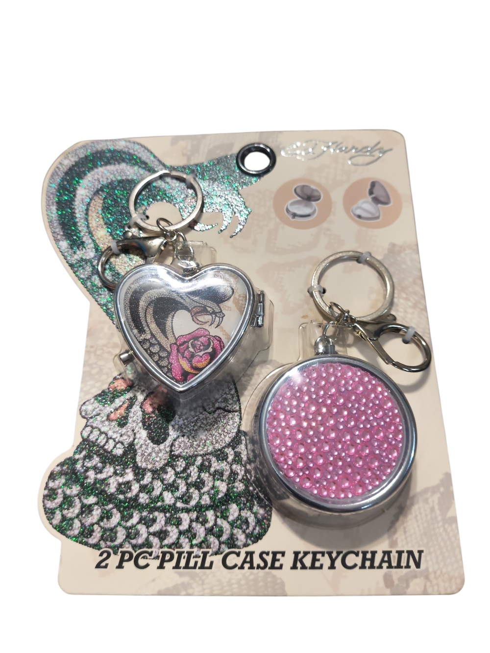 Ed Hardy Silver Keychain Pill Cases with Pink Accents - Heart & Round